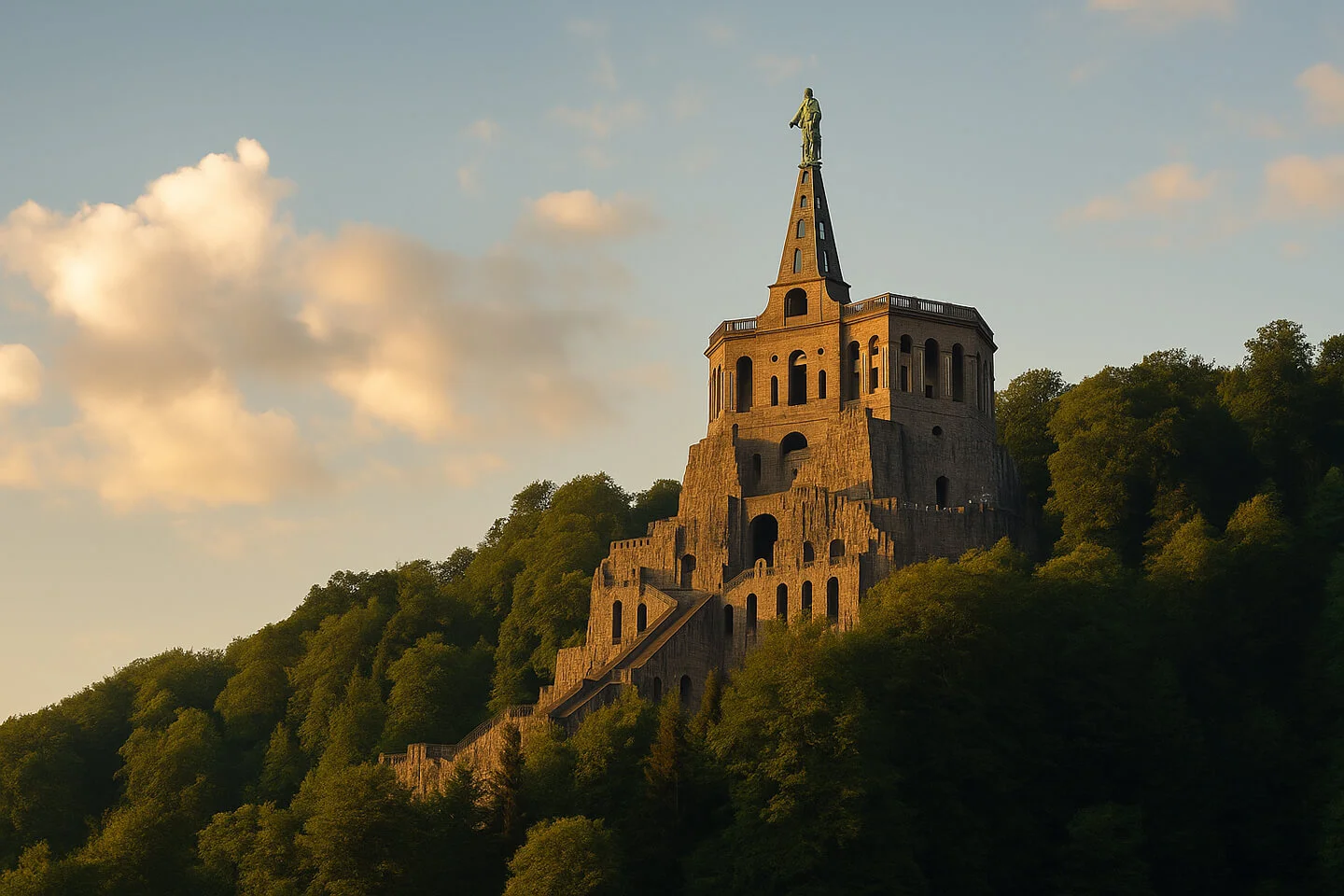 Herkules-Denkmal in Kassel im Abendlicht – Symbol für durchdachte Lichtplanung in Architektur und Stadtbild Herkules-Denkmal bei Sonnenuntergang – Kassel, Lichtplanung mit Weitblick