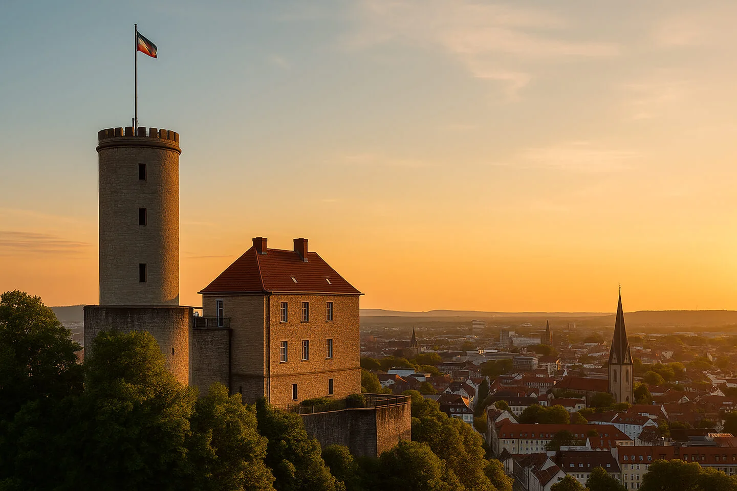Sparrenburg in Bielefeld – Lichtplanung mit Geschichte und Weitblick Sparrenburg Bielefeld bei Sonnenuntergang – Symbol für Struktur, Ausstrahlung und Lichtführung in der Stadtplanung