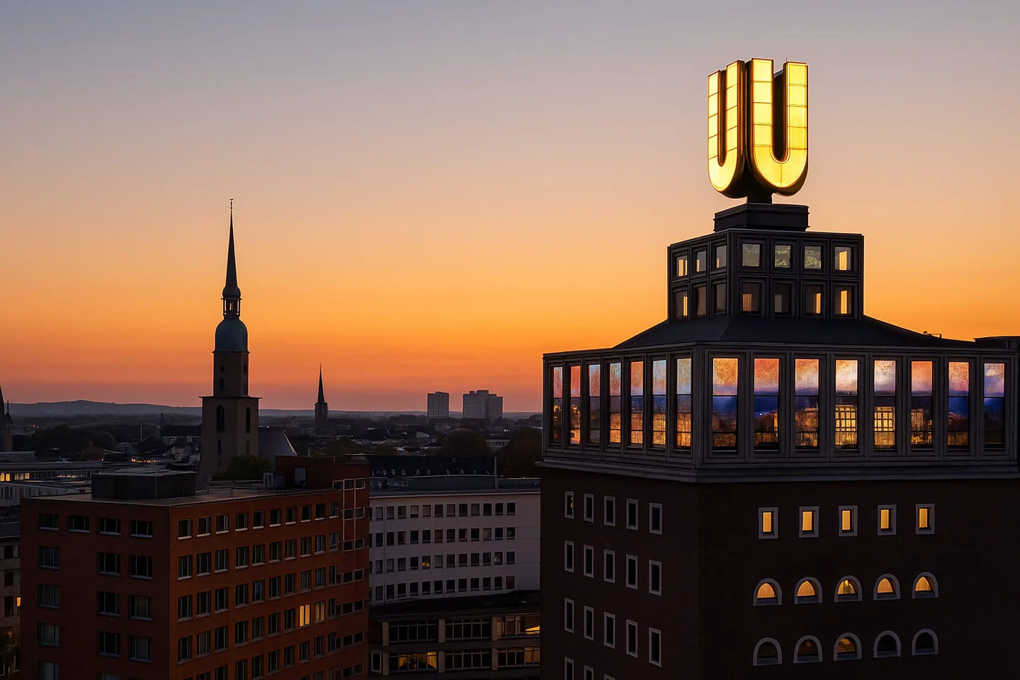 Dortmunder U bei Sonnenuntergang – Symbol für Lichtgestaltung, Wirkung und Stadtarchitektur