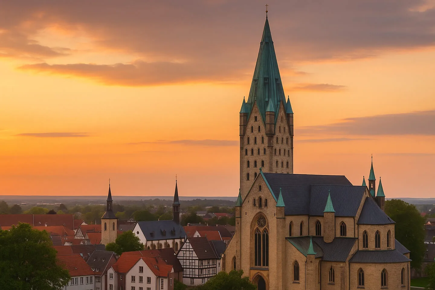 Paderborner Dom bei Sonnenuntergang – Lichtplanung mit Wirkung und Tiefe Paderborner Dom im Abendlicht – Symbol für bewusste Lichtgestaltung, Raumwirkung und städtische Architektur
